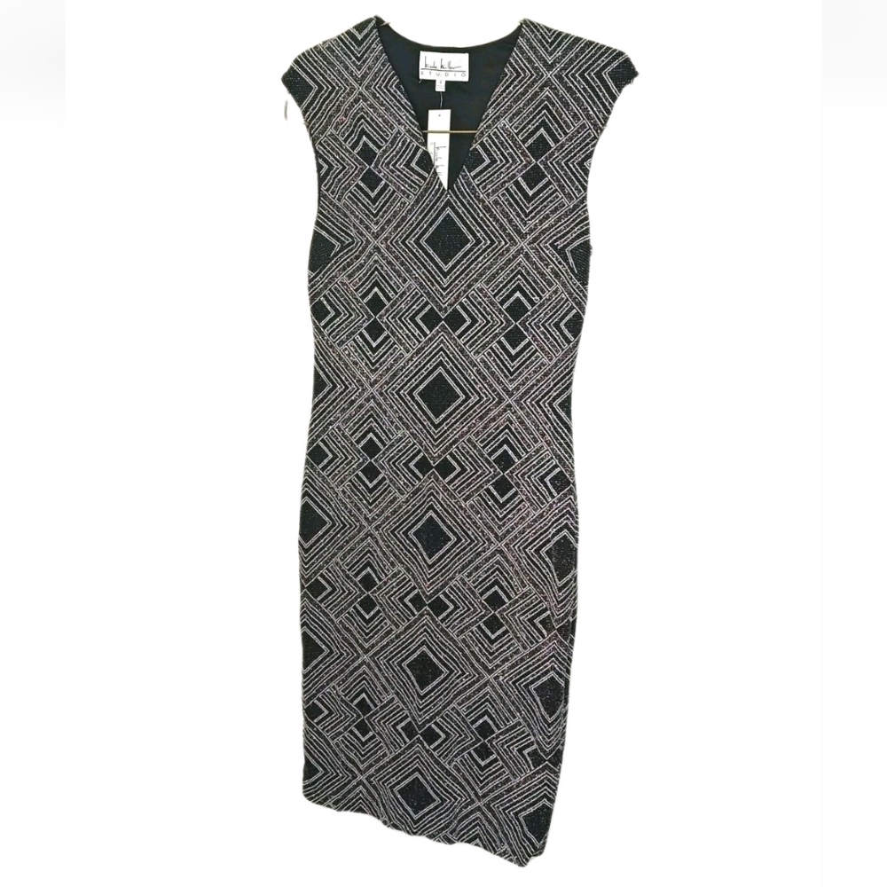 Nicole Miller Sparkle Bodycon Dress Woman 8 Black Silver Diamond Geometric Nwt